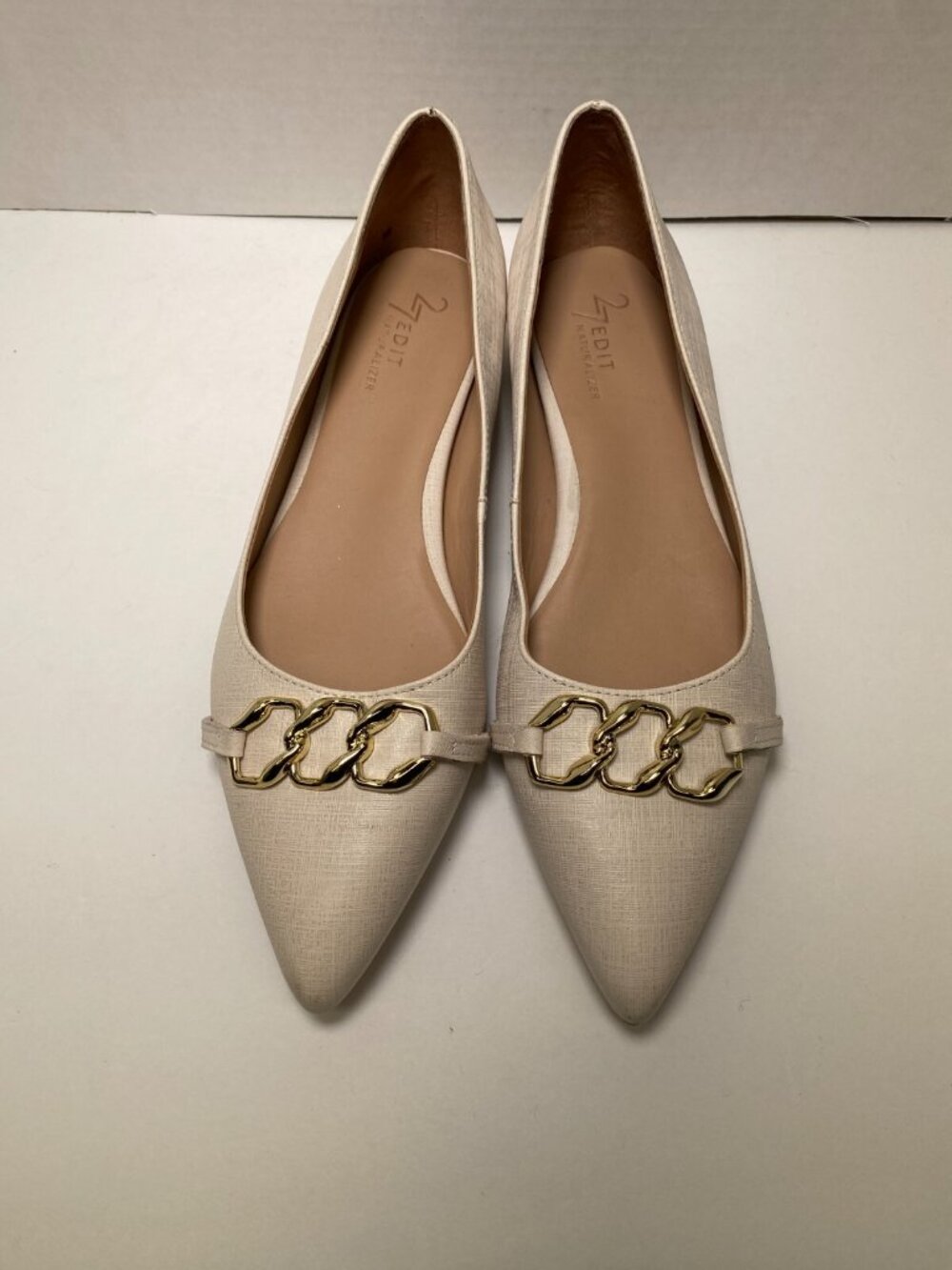 27 EditBy Naturalizer Women's Becca Ivory Gold Accents Wedge Flat Sz 9